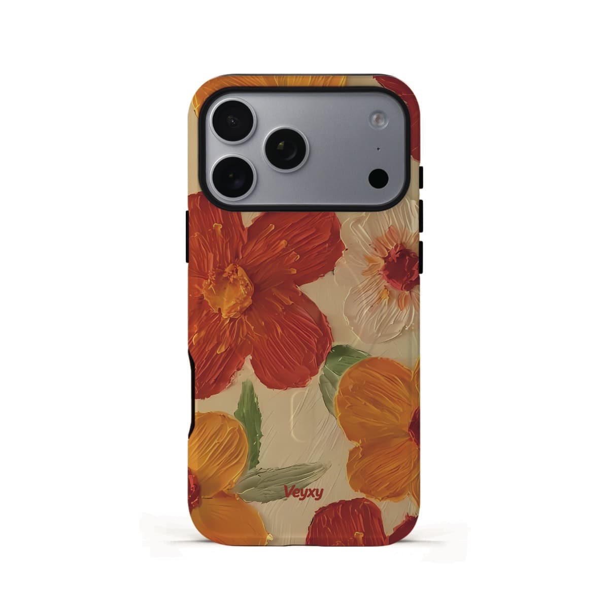 Veyxy Warm Sun Bloom iPhone Tough MagSafe Case – oil-painting style orange, red and cream floral pattern on beige background, dual-layer protection with built-in MagSafe magnet ring, Veyxy logo, rear view