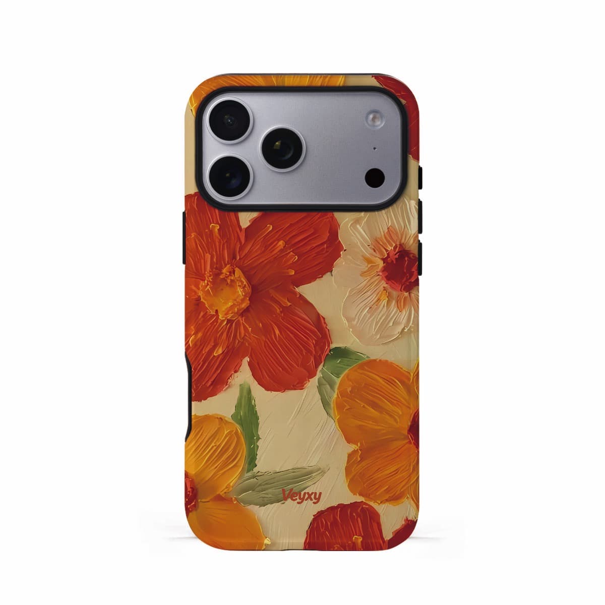 Veyxy Warm Sun Bloom iPhone Tough Case – oil-painting style orange, red and cream floral pattern on beige background, dual-layer protection with TPU bumper, Veyxy logo, rear view