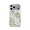 Veyxy Leaf Whisper iPhone Snap Case – watercolour ginkgo leaf pattern in sage green, yellow-green and blush pink on white background, slim polycarbonate shell, Veyxy logo, rear view