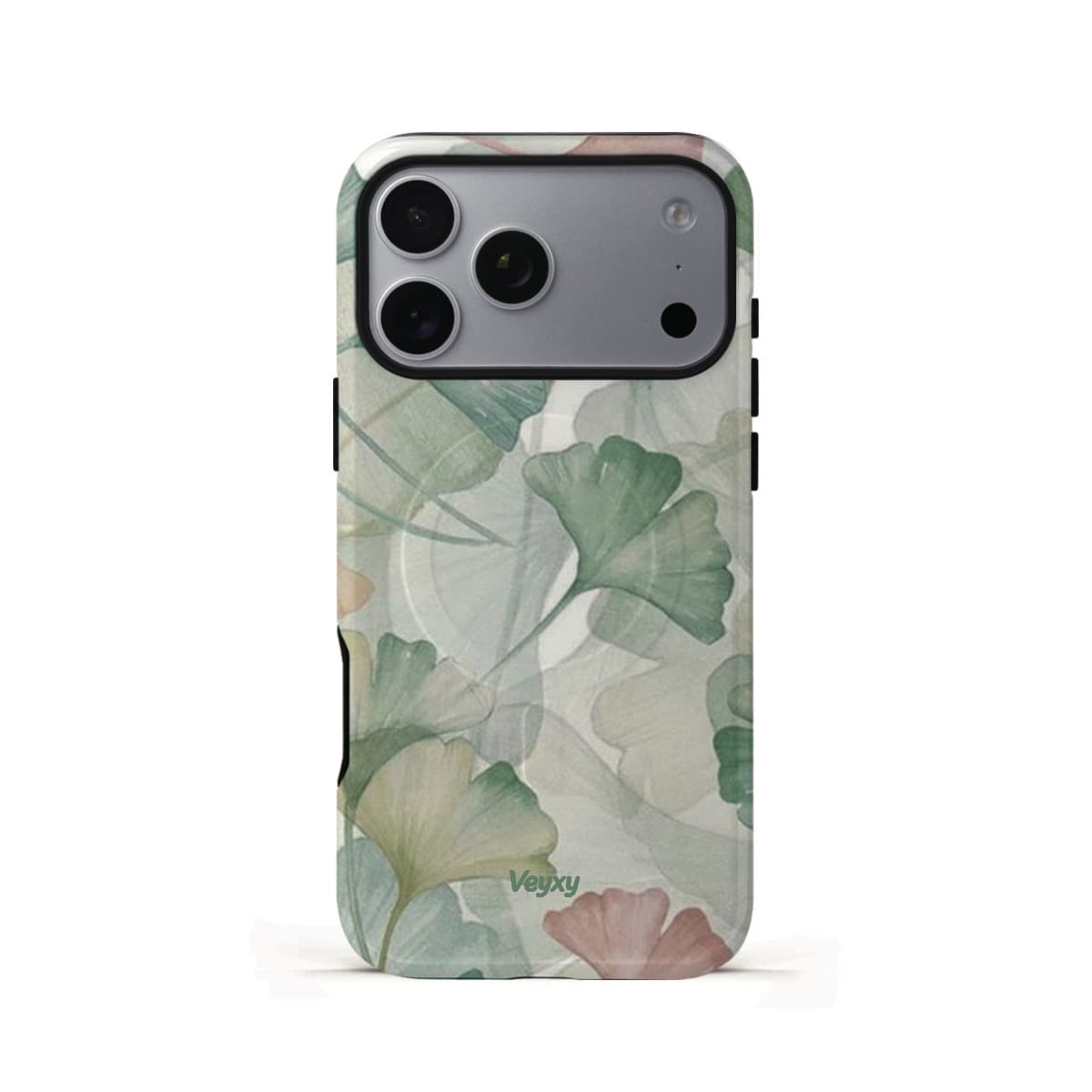 Veyxy Leaf Whisper iPhone Tough MagSafe Case – watercolour ginkgo leaf pattern in sage green, yellow-green and blush pink on white background, dual-layer protection with built-in MagSafe magnet ring, Veyxy logo, rear view