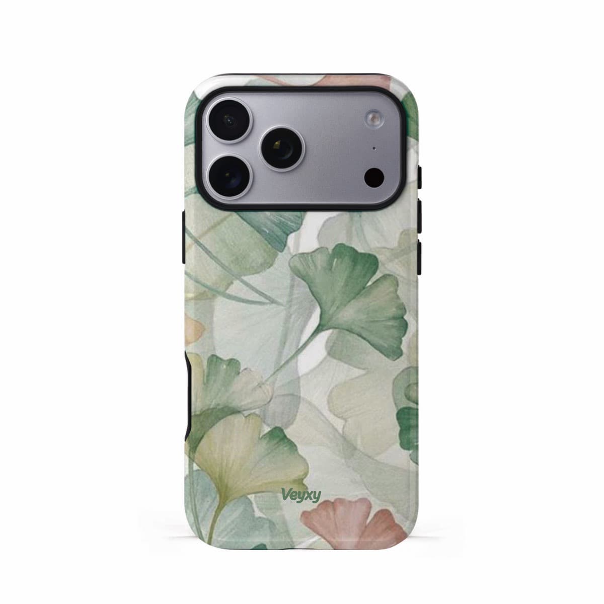 Veyxy Leaf Whisper iPhone Tough Case – watercolour ginkgo leaf pattern in sage green, yellow-green and blush pink on white background, dual-layer protection with TPU bumper, Veyxy logo, rear view