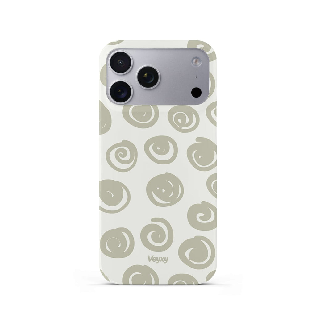 Veyxy Forest Spiral iPhone Snap Case – hand-drawn olive grey spiral pattern scattered on cream white background, slim polycarbonate shell, Veyxy logo, rear view