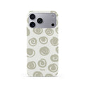 Veyxy Forest Spiral iPhone Snap Case – hand-drawn olive grey spiral pattern scattered on cream white background, slim polycarbonate shell, Veyxy logo, rear view