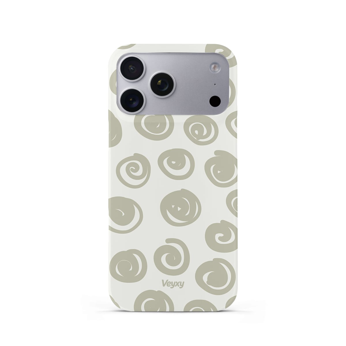 Veyxy Forest Spiral iPhone Snap Case – hand-drawn olive grey spiral pattern scattered on cream white background, slim polycarbonate shell, Veyxy logo, rear view