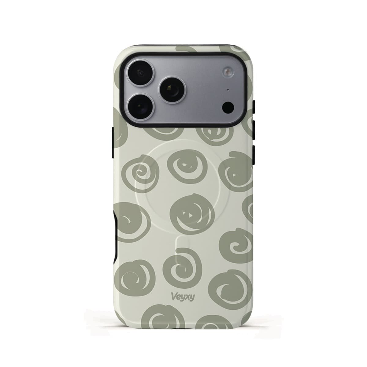 Veyxy Forest Spiral iPhone Tough MagSafe Case – hand-drawn olive grey spiral pattern scattered on cream white background, dual-layer protection with built-in MagSafe magnet ring, Veyxy logo, rear view