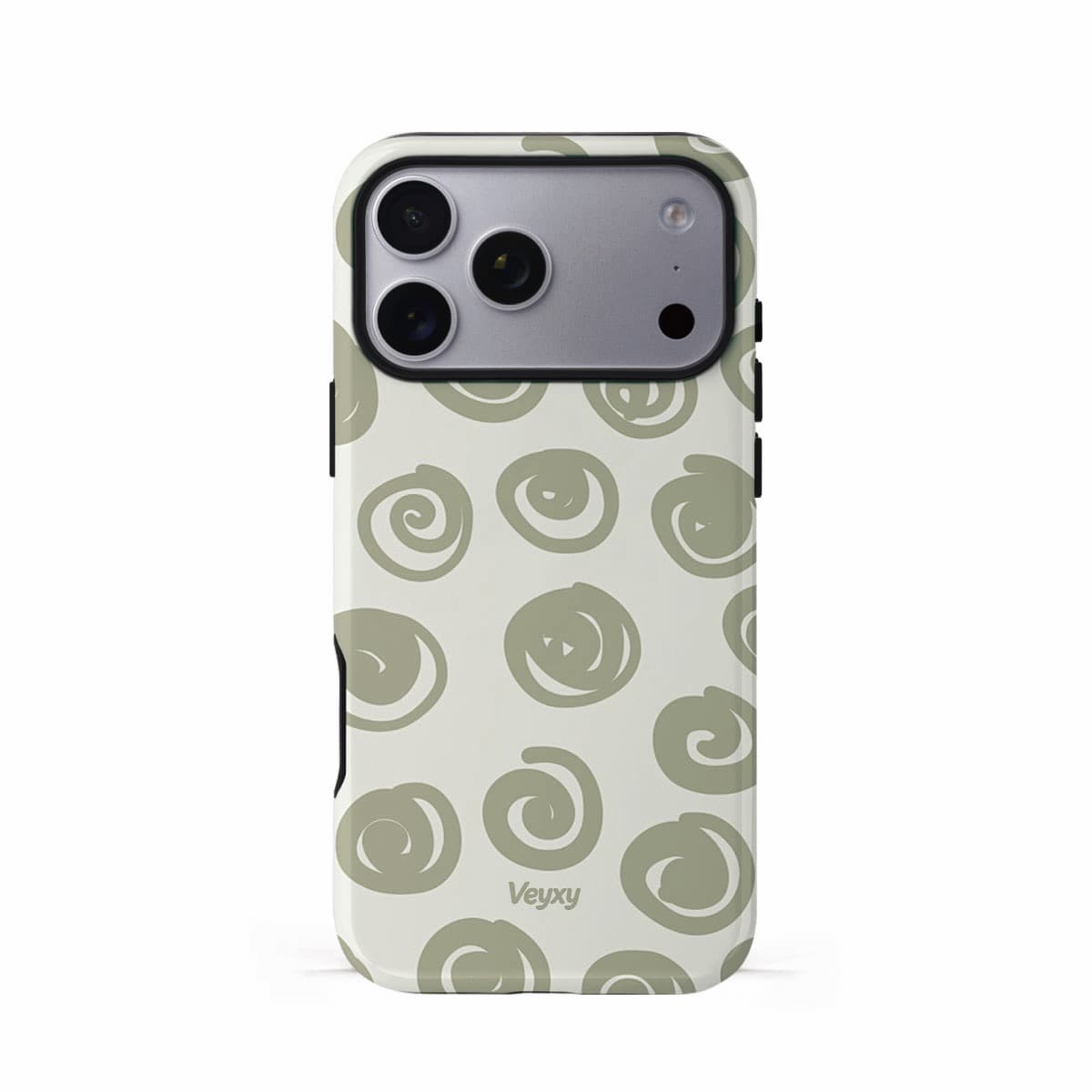 Veyxy Forest Spiral iPhone Tough Case – hand-drawn olive grey spiral pattern scattered on cream white background, dual-layer protection with TPU bumper, Veyxy logo, rear view